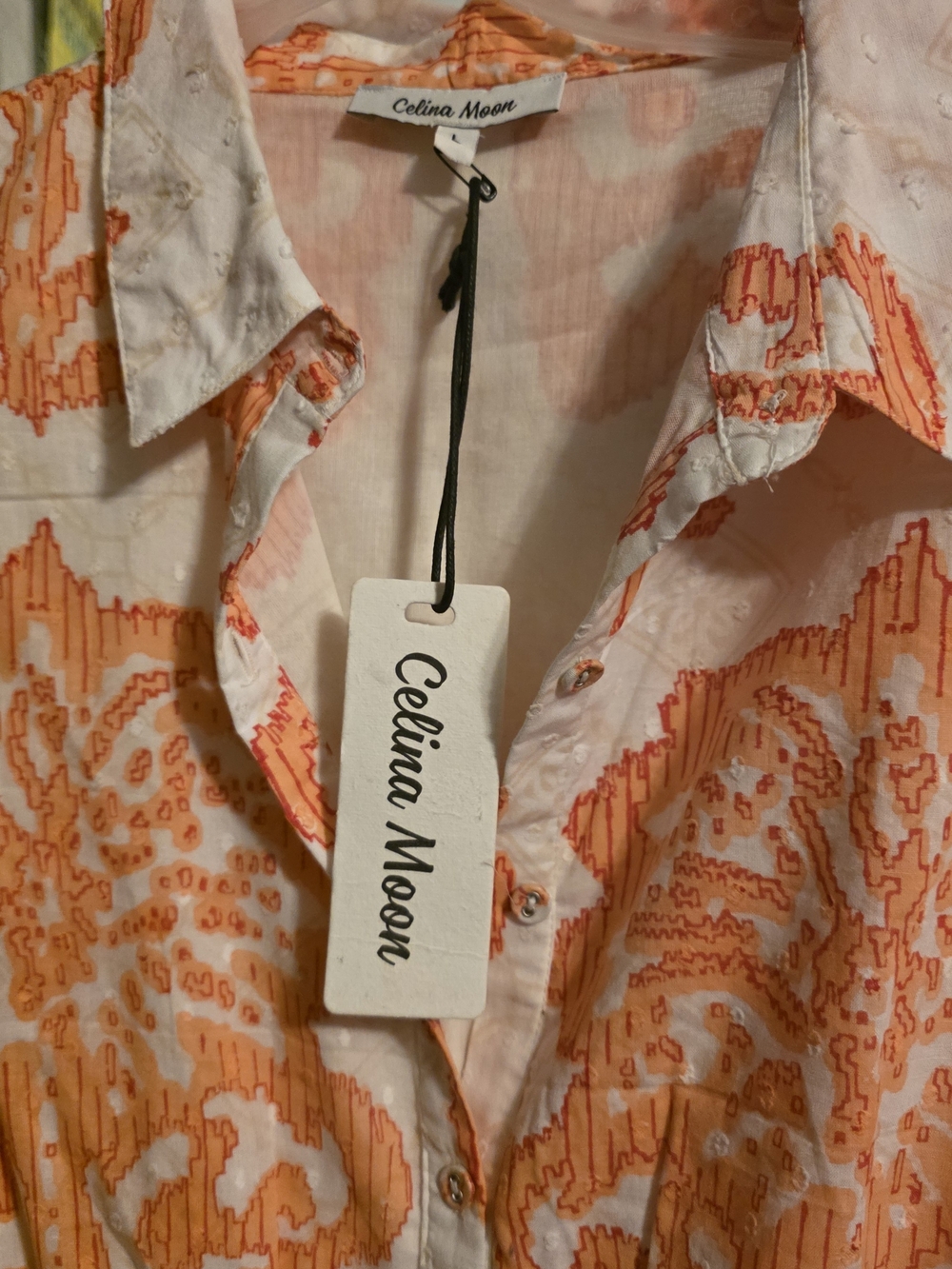 NWT Celina Moon Orange & White Button-Front Midi Dress PTP 20.5 - Picture 2 of 2